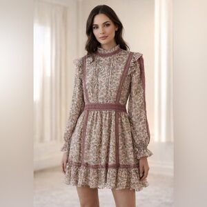 Floral Ruffle High-Neck mini Dress in Dusty Rose